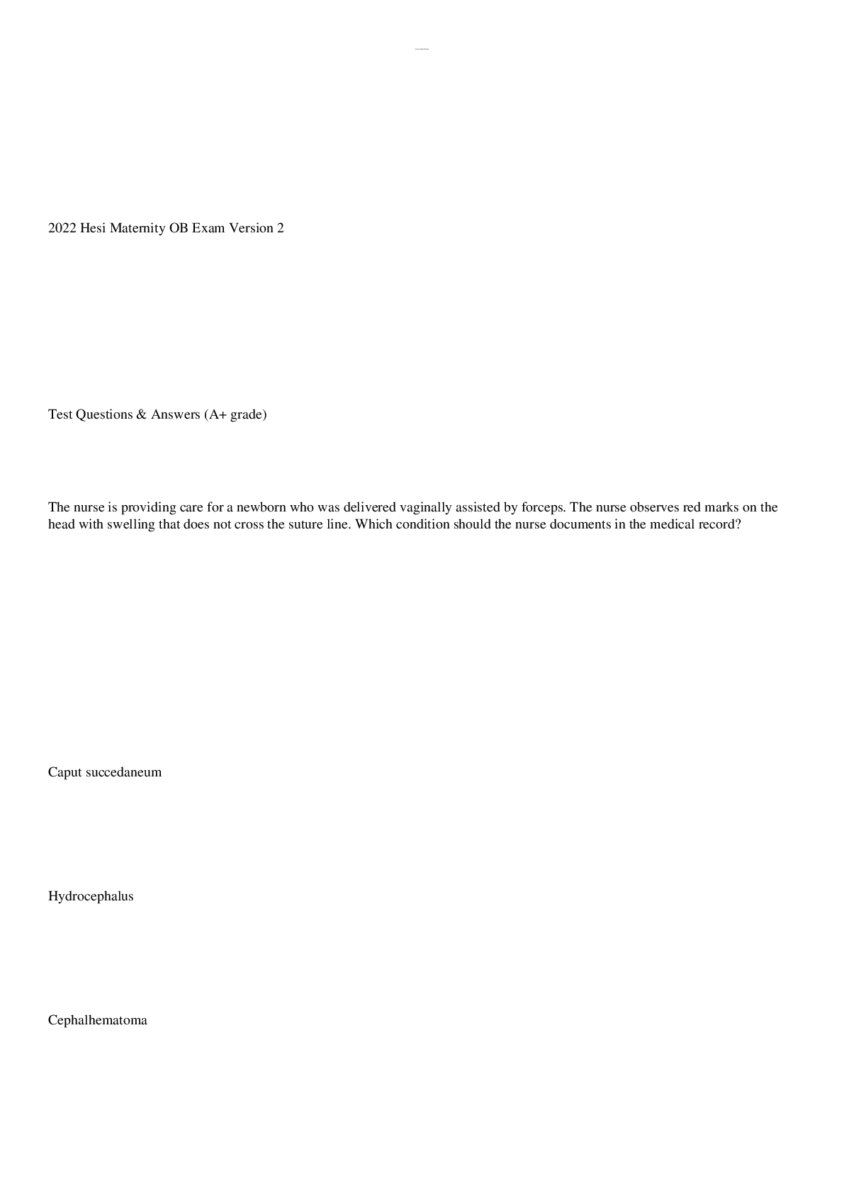 Preview image for 2022 HESI Maternity OB Exam Version 2 Test Questions Answers!Rated A+ Answers